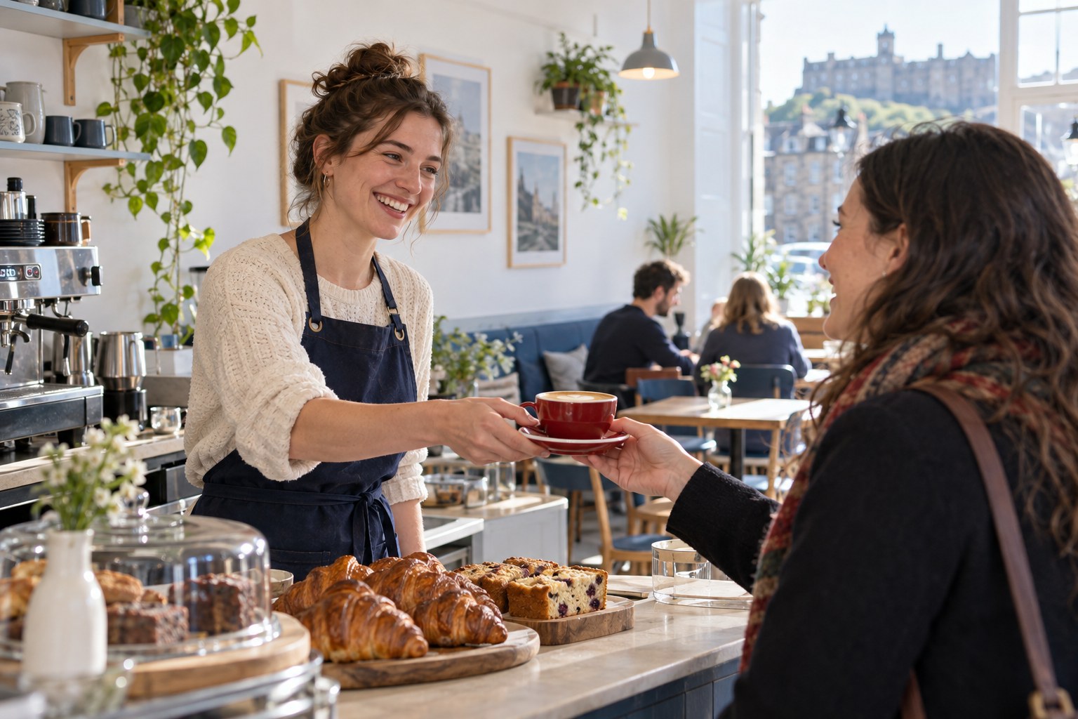 Illustrative café owner serving a customer