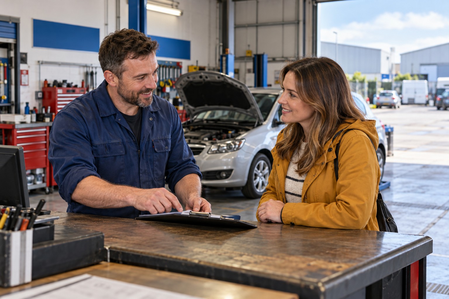 Illustrative mechanic and garage customer