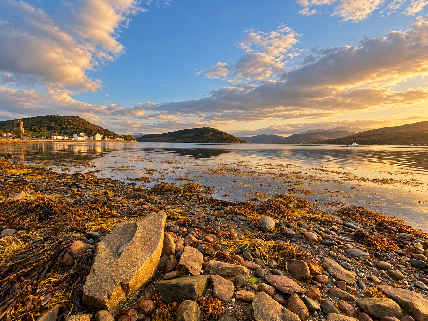 Blue sky over Loch Fyne and Inveraray shoreline