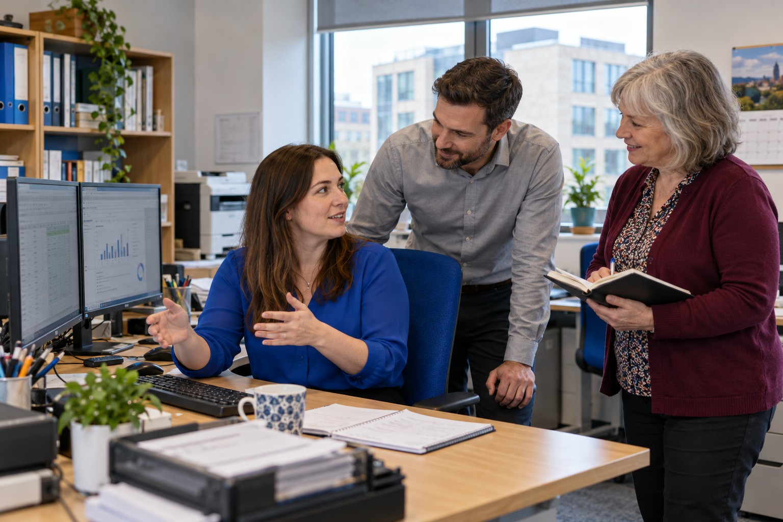 Illustrative small office team reviewing work